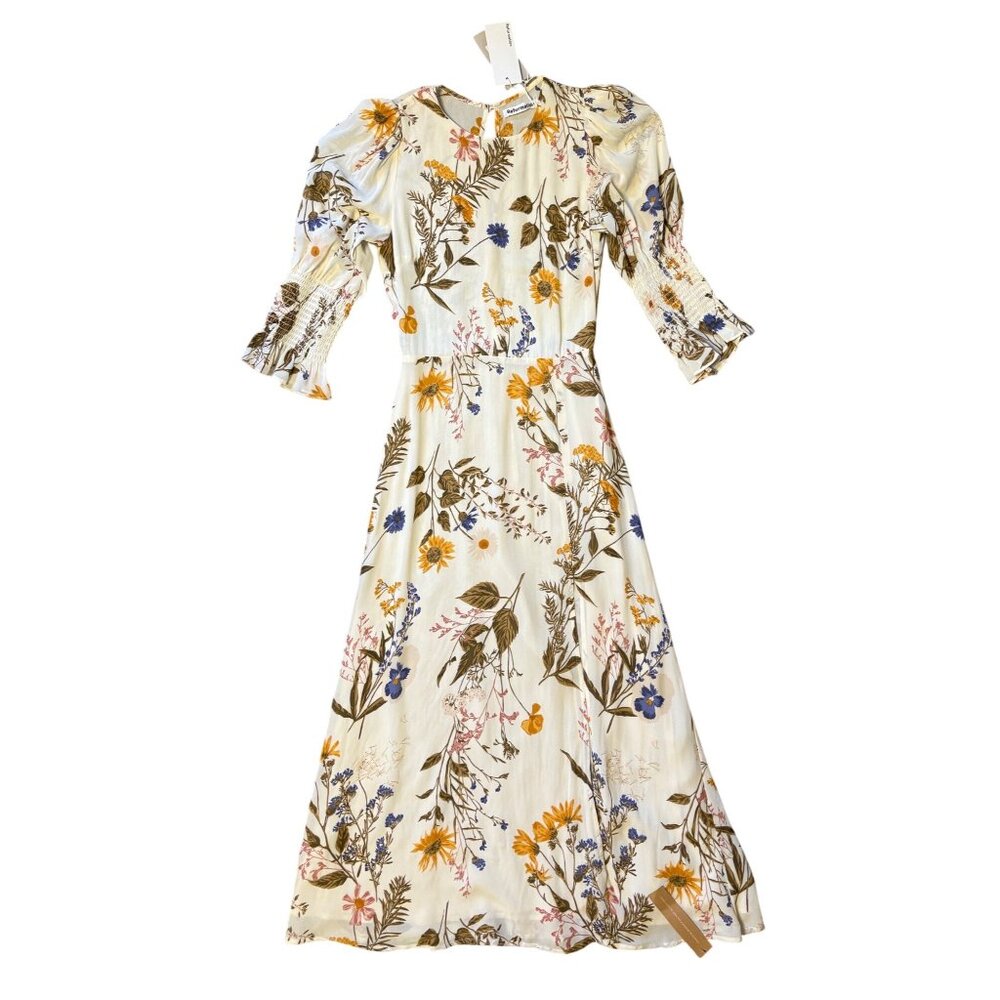 $248 Reformation 0 2 0P 2P Carolena Tea Dress Midi Frolic Puffy Sleeves Slit